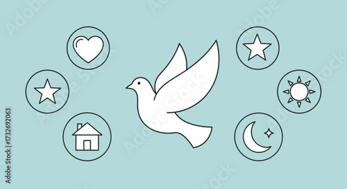 White dove of peace surrounded by symbolic line art icons.