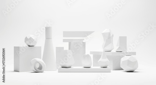 White ceramic sculptures arranged in a minimalist display.