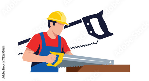 Carpenter cutting wood with a hand saw.