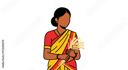 Indian woman in traditional saree holding wheat stalks.