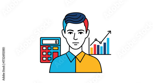 Stylized illustration of a financial analyst with calculator and growth chart.