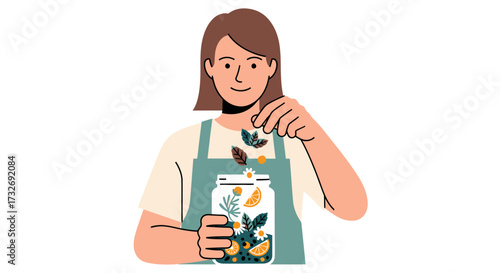 Woman in a green apron adding fresh herbs to a glass jar.