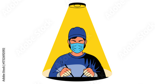 Man wearing a face mask and cap driving under a spotlight.