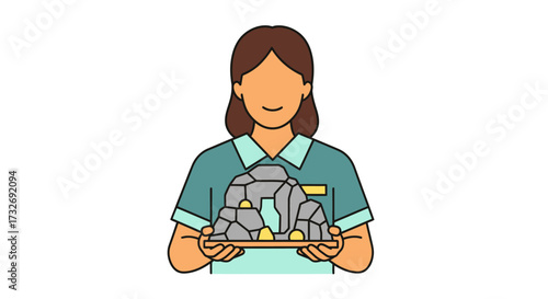 Woman presenting a detailed model of a gold mine on a tray.
