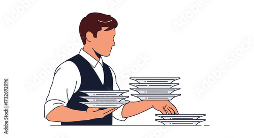 Young waiter in a vest carefully stacking clean white plates.