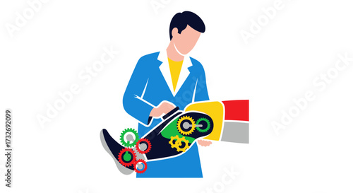 Male engineer in a blue coat inspecting a mechanical prototype.