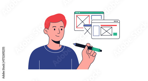 Young male UX designer creating a website wireframe illustration.