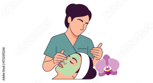 Professional Esthetician Applying a Green Facial Mask Treatment.