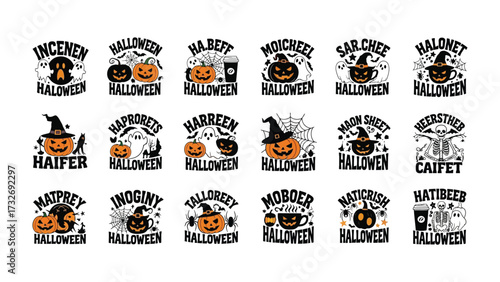 Halloween collection icons: A diverse assortment of themed icons evoking the spirit of the season, from jack-o'-lanterns and witch hats to haunting spiders and ghostly apparitions.