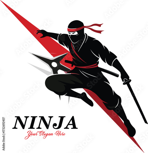 Ninja mascot esport logo with warrior character jumping on red lightning background isolated on white