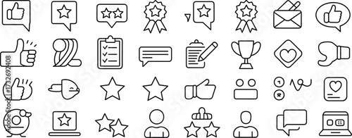 Feedback icons set, communication symbols, achievement visuals, user interaction tools, rating badges, black white line pack, minimalist vector graphics