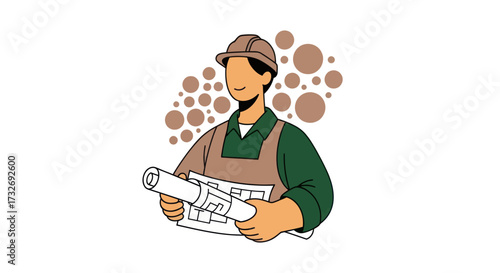 Male construction worker holding architectural blueprints illustration.