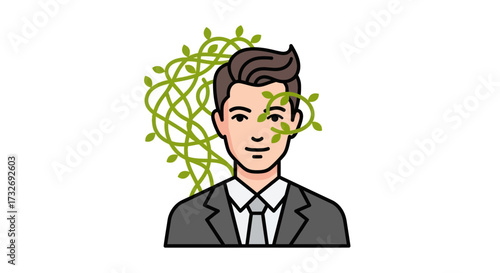 Businessman with green plant vines growing around his head.