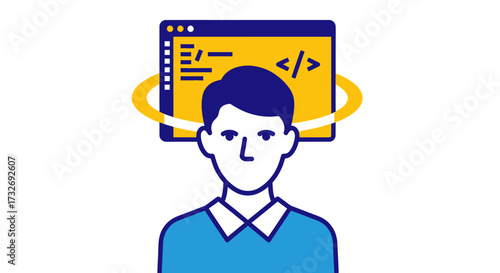 Vector illustration of a male programmer thinking about code.