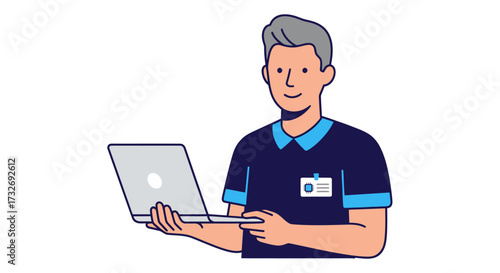 Illustrated character of a professional man holding a laptop.