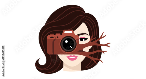 Surreal illustration of a woman photographer with nature branches.