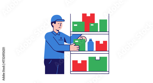 Warehouse worker in blue uniform stocking shelves with packages.