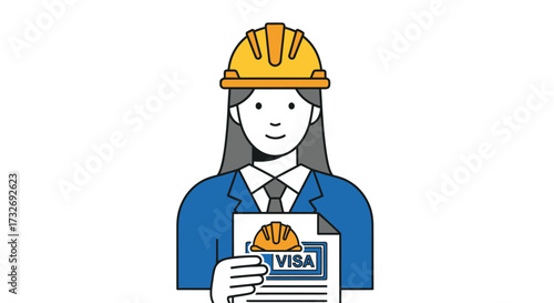 Female engineer in a hard hat holding a work visa document.