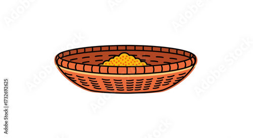 Handcrafted woven wicker basket holding a pile of yellow grains.