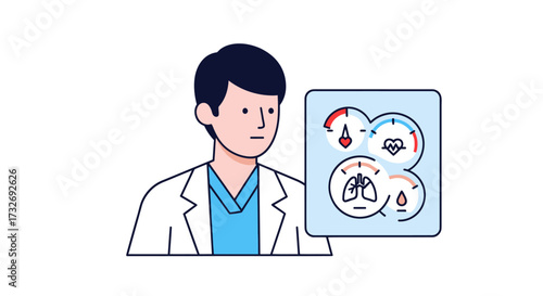 Male doctor analyzing patient vital signs on a medical monitor.