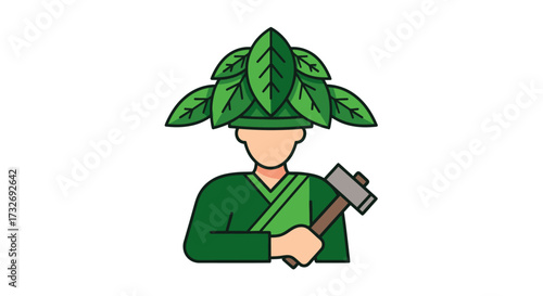 Stylized illustration of a woodsman character with a leaf hat holding an axe.