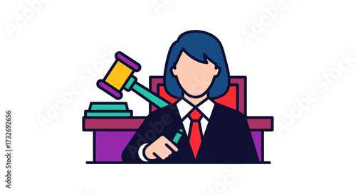 Female Judge Holding Gavel in Courtroom Illustration.