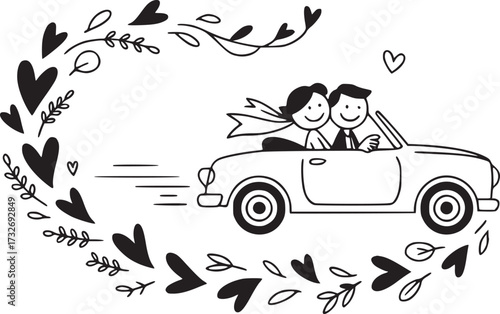 Romantic Getaway: Illustration of a just-married couple riding in a classic car, framed by a whimsical wreath of hearts and leaves, perfect for conveying love and new beginnings. 