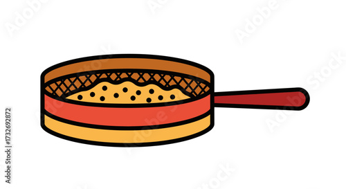Colorful cartoon illustration of a kitchen sieve utensil.