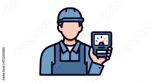 Electrician worker in hard hat holding a multimeter icon.