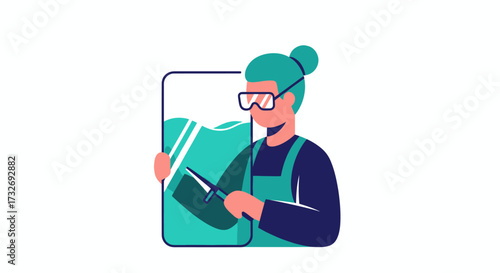 Illustrated woman with glasses and apron cleaning a surface.