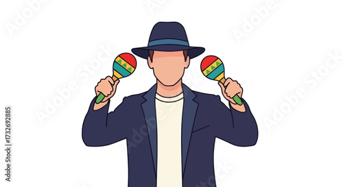 Stylish man in a fedora hat holding colorful maracas.