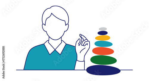Illustration of a person building a tower of colorful balanced stones.