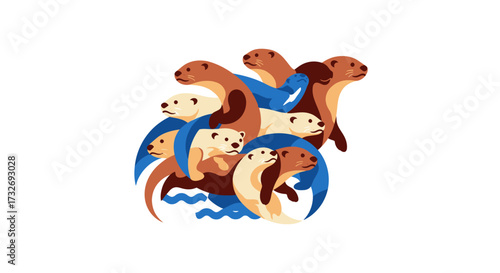 A charming illustration of a playful otter family cuddling together.