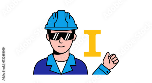 Cartoon industrial worker in blue hard hat and safety glasses.