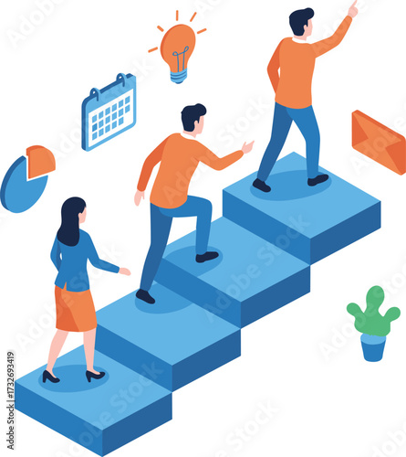 Teamwork progress illustration, business leadership staircase concept, goal setting and innovation icons, professional development graphic for strategy, growth, planning, and collaboration