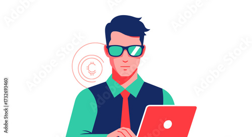 Stylish young man in sunglasses working on a red laptop.