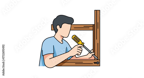 Man assembling a wooden frame with a screwdriver illustration.