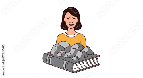 Young woman with a large book covered in heavy stones.