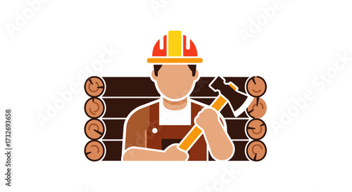 Stylized Male Carpenter Working with Wood and Tools.
