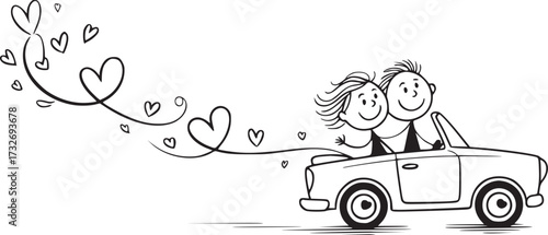 Love on the Road: A charming illustration depicts a happy couple cruising in a convertible, their journey of love marked by whimsical hearts.
