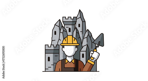 Cartoon Construction Worker with Trowel and Hard Hat.