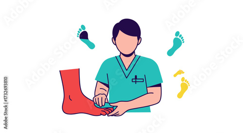 Podiatrist doctor examining a patients foot illustration.