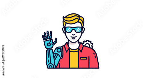 Cartoon illustration of a young man with a robotic arm.