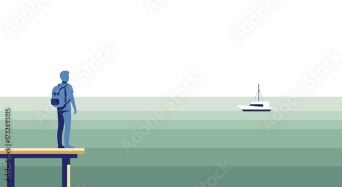 Solitary traveler with a backpack standing on a wooden pier.