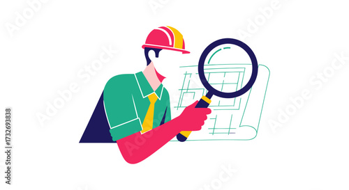 Engineer with a magnifying glass examining architectural plans.
