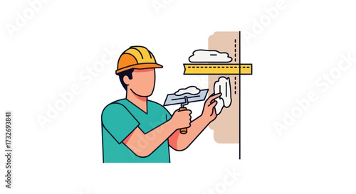 Construction worker in a hard hat applying plaster to a wall.