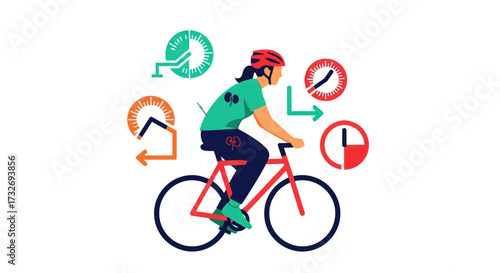 Cyclist tracking performance with time and speed icons.