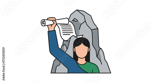 Illustrated woman looking through a rolled up paper scroll.