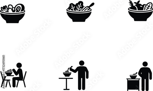Healthy eating icon set, black and white salad preparation graphics, food lifestyle symbols for nutrition, cooking, dining, and wellness habits illustration