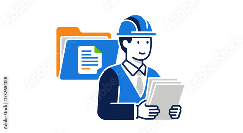 Professional engineer in a blue hard hat reviewing project documents.